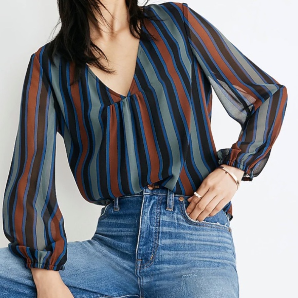 New without tag Madewell Sheer-Sleeve Top in Academy Stripe size XXS